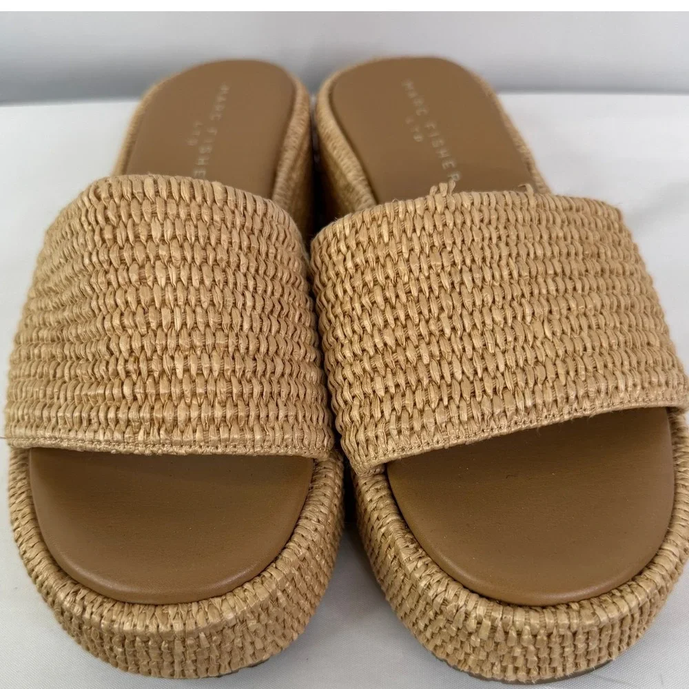 Marc Fisher LTD Daylin Woven Raffia Platform Slide Sandals Tan Womens 9.5 M